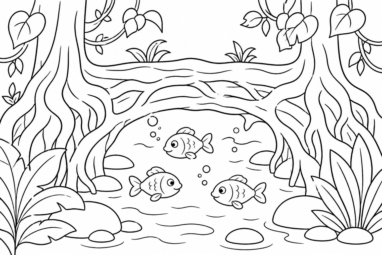 Peixinhos sob uma ponte de raízes