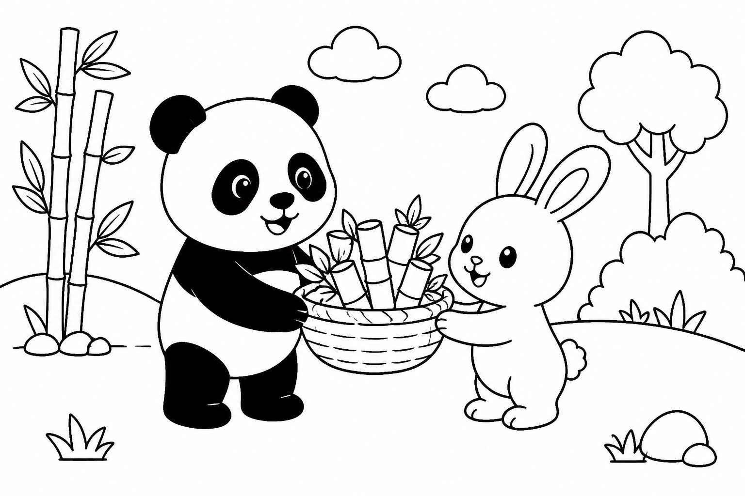 Panda e coelhinho compartilhando um cesto de bambu