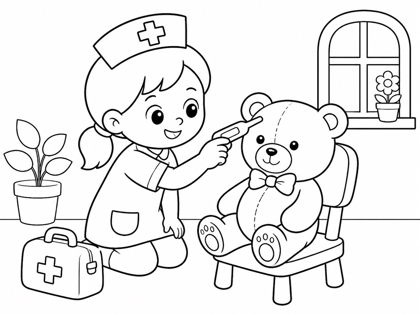 Petite infirmière prenant la température d’un ours en peluche