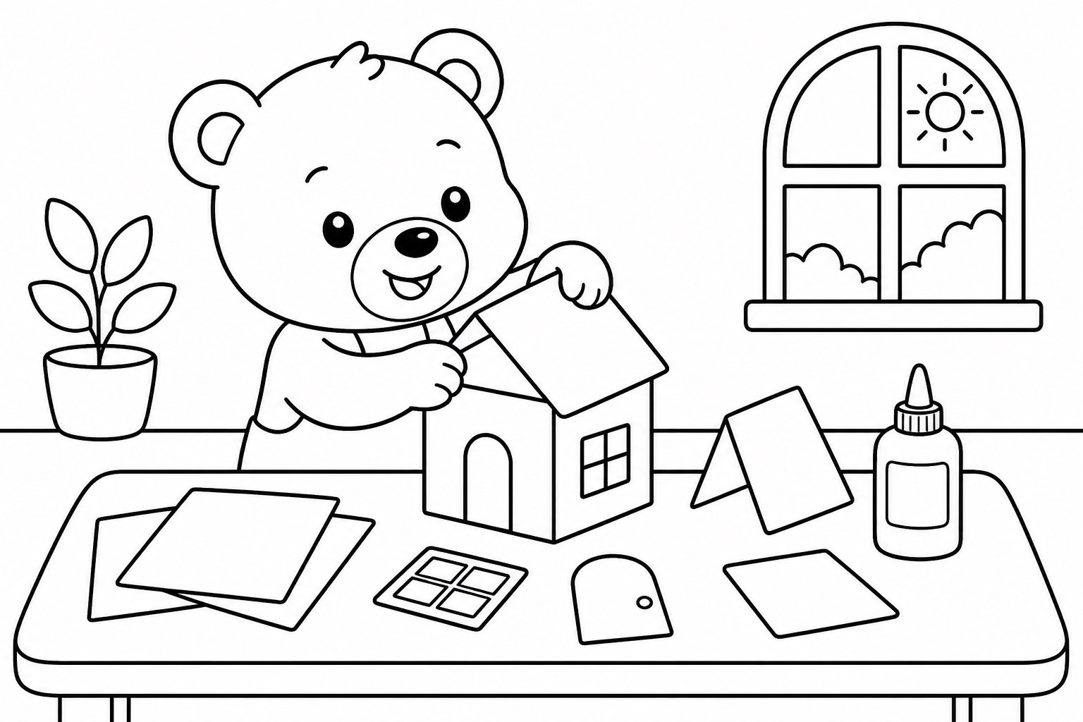 Osito construyendo una casa de papel