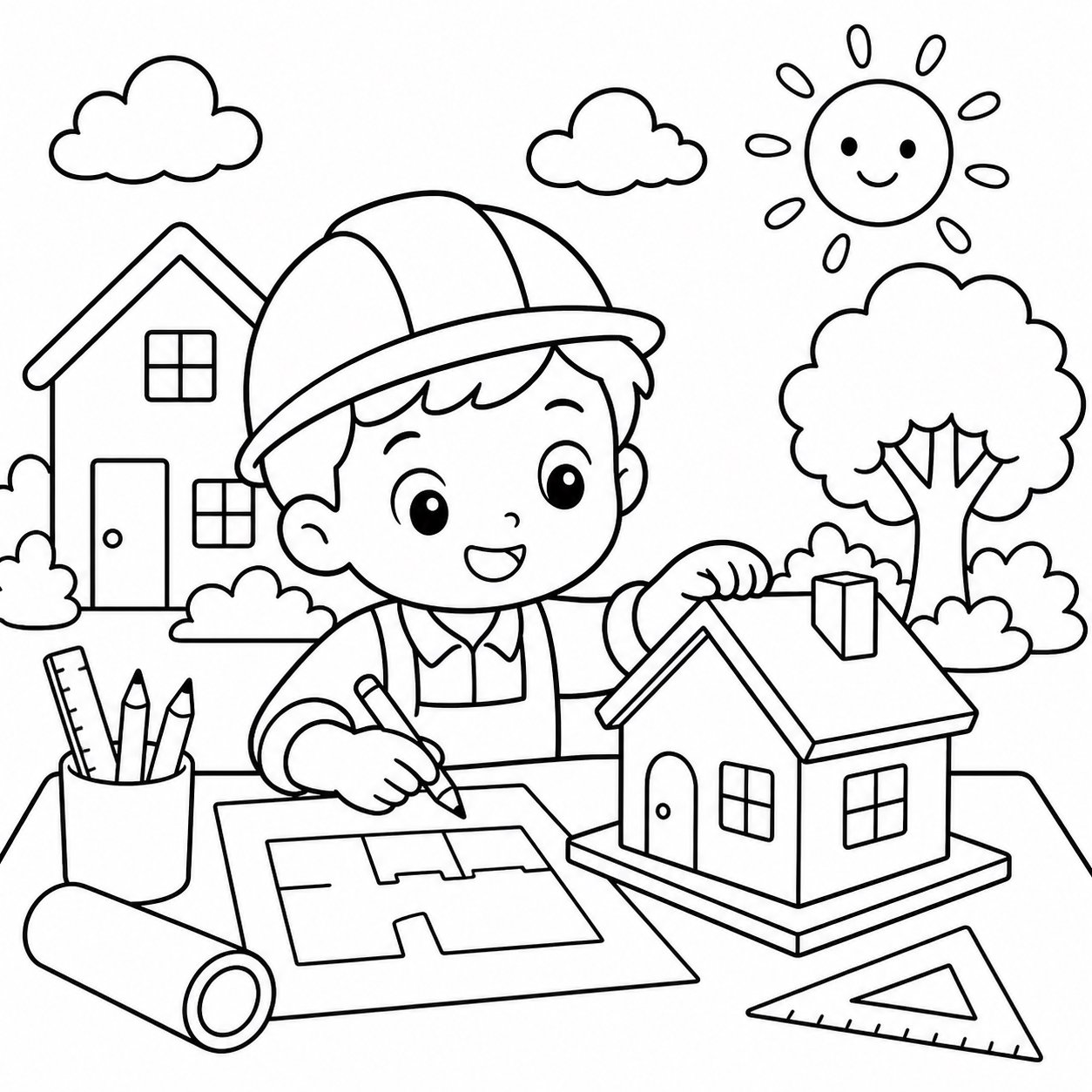 مهندس معماري صغير يصمم بيتًا صغيرًا