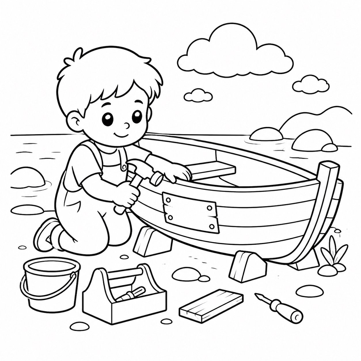 Enfants réparant un petit bateau