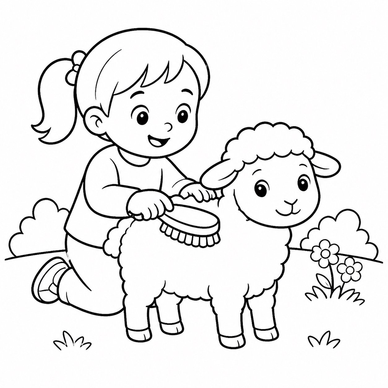 小朋友给小羊梳毛