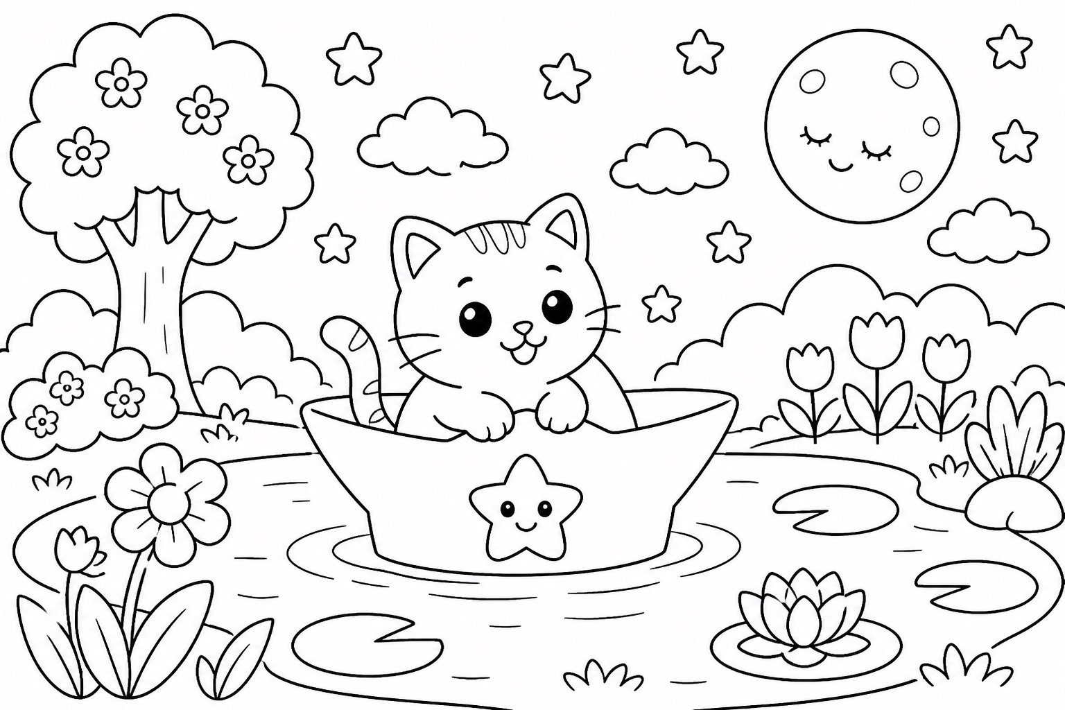 Chaton dans une petite barque étoilée