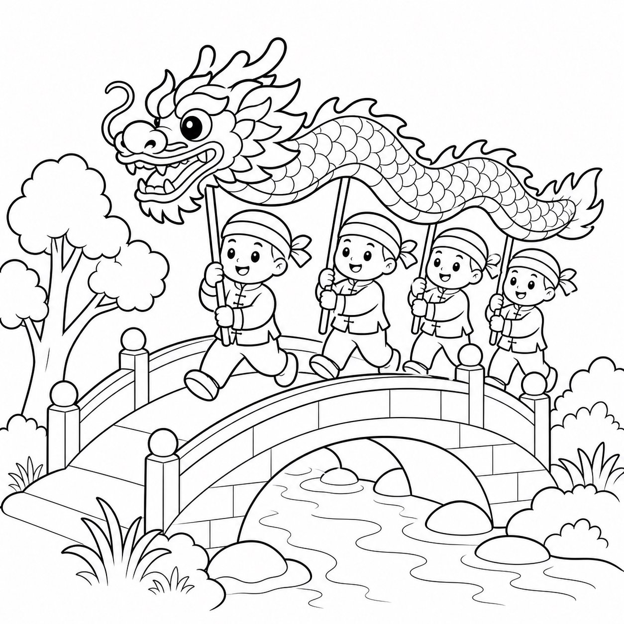La comparsa del dragón pasa por un pequeño puente