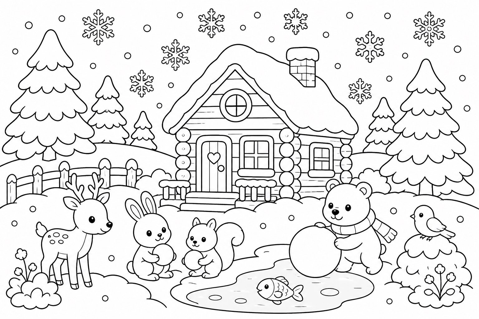 Flocos de neve cercam uma pequena cabana