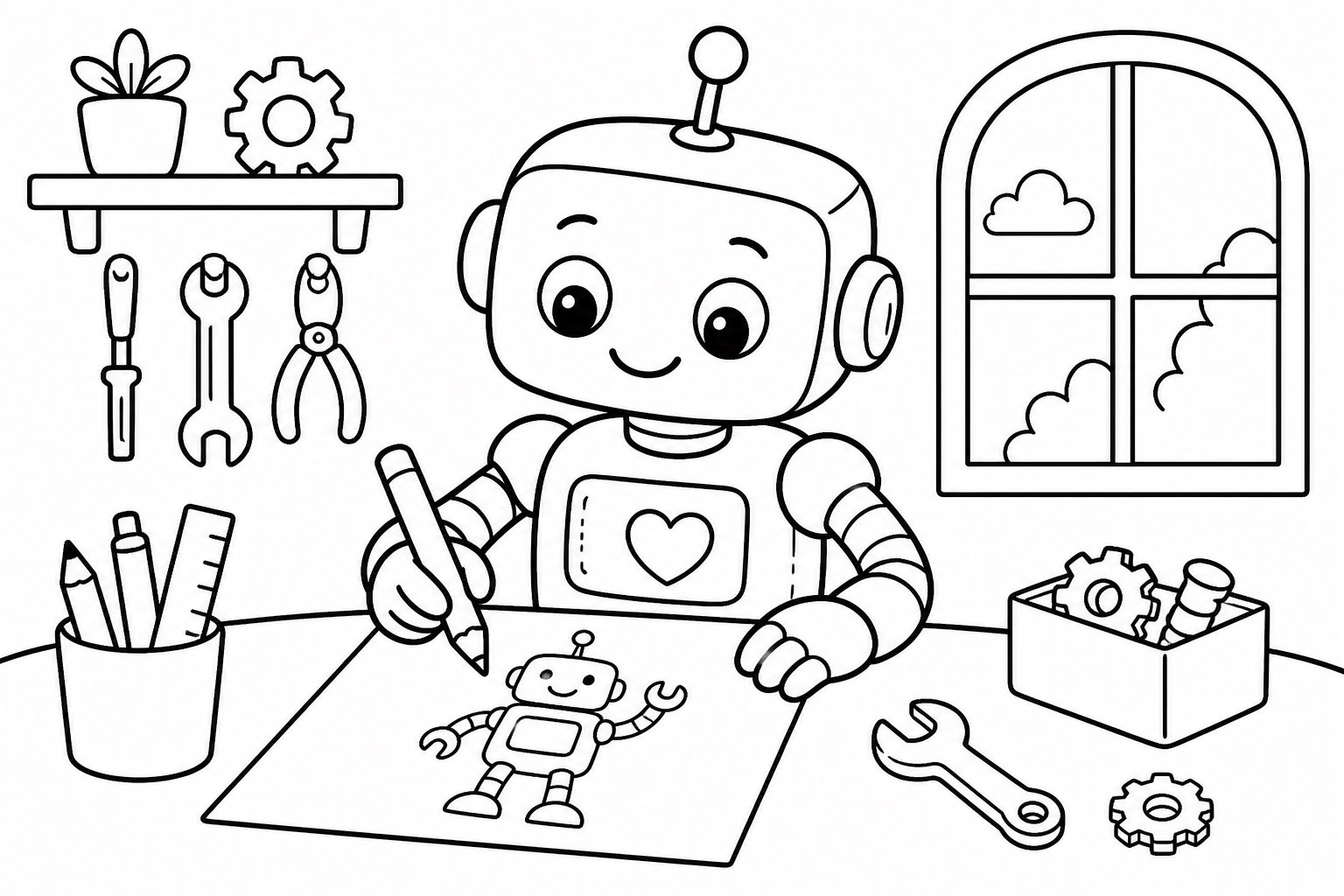 Pequeño robot dibujando en el taller