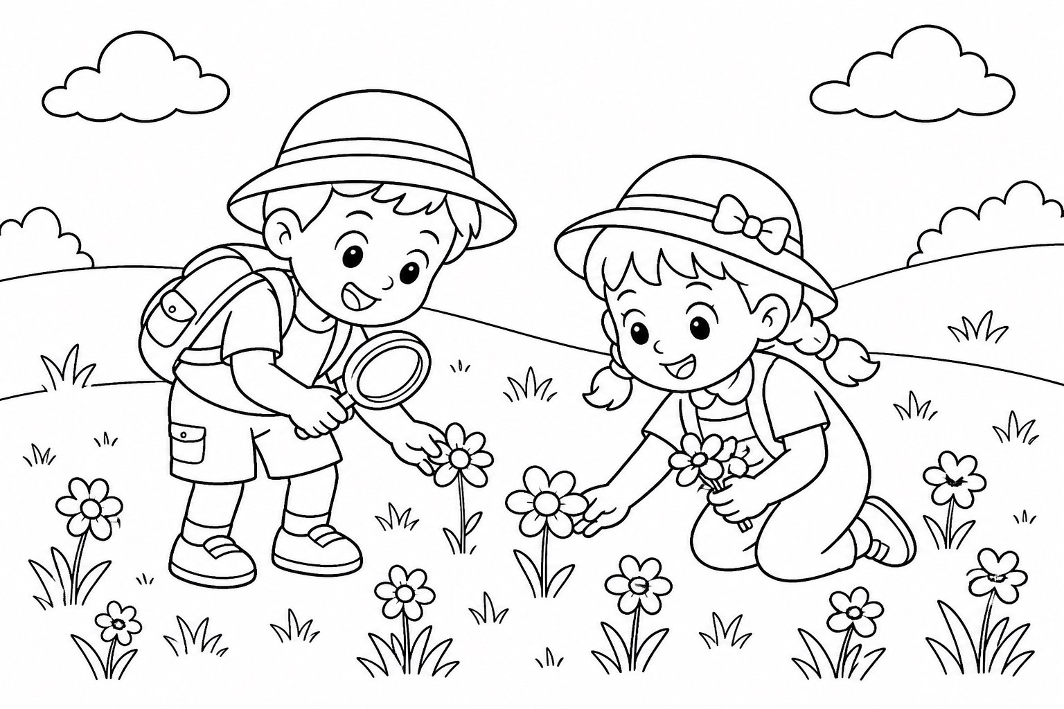 Enfants cherchant des fleurs sauvages dans la prairie