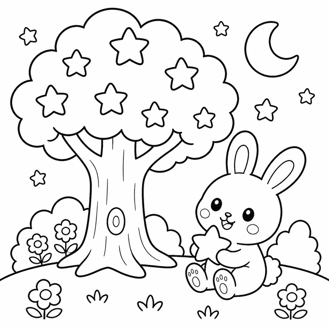 Pequeño conejo junto a un árbol de estrellas
