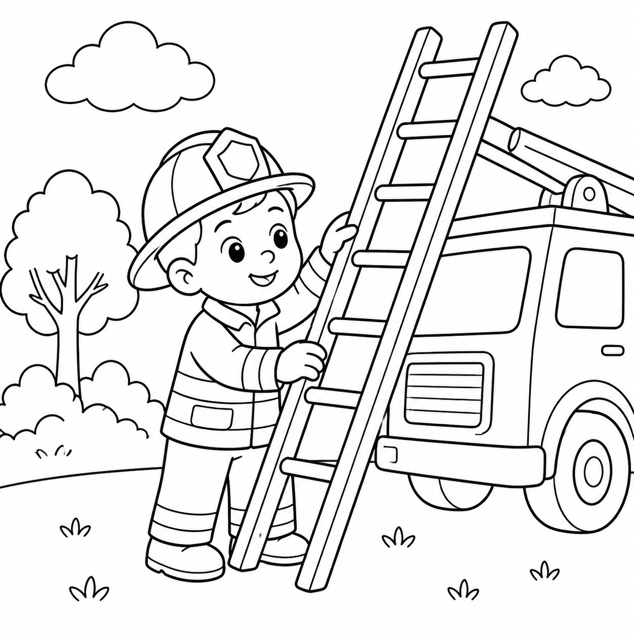Pequeno bombeiro verificando uma escada de incêndio