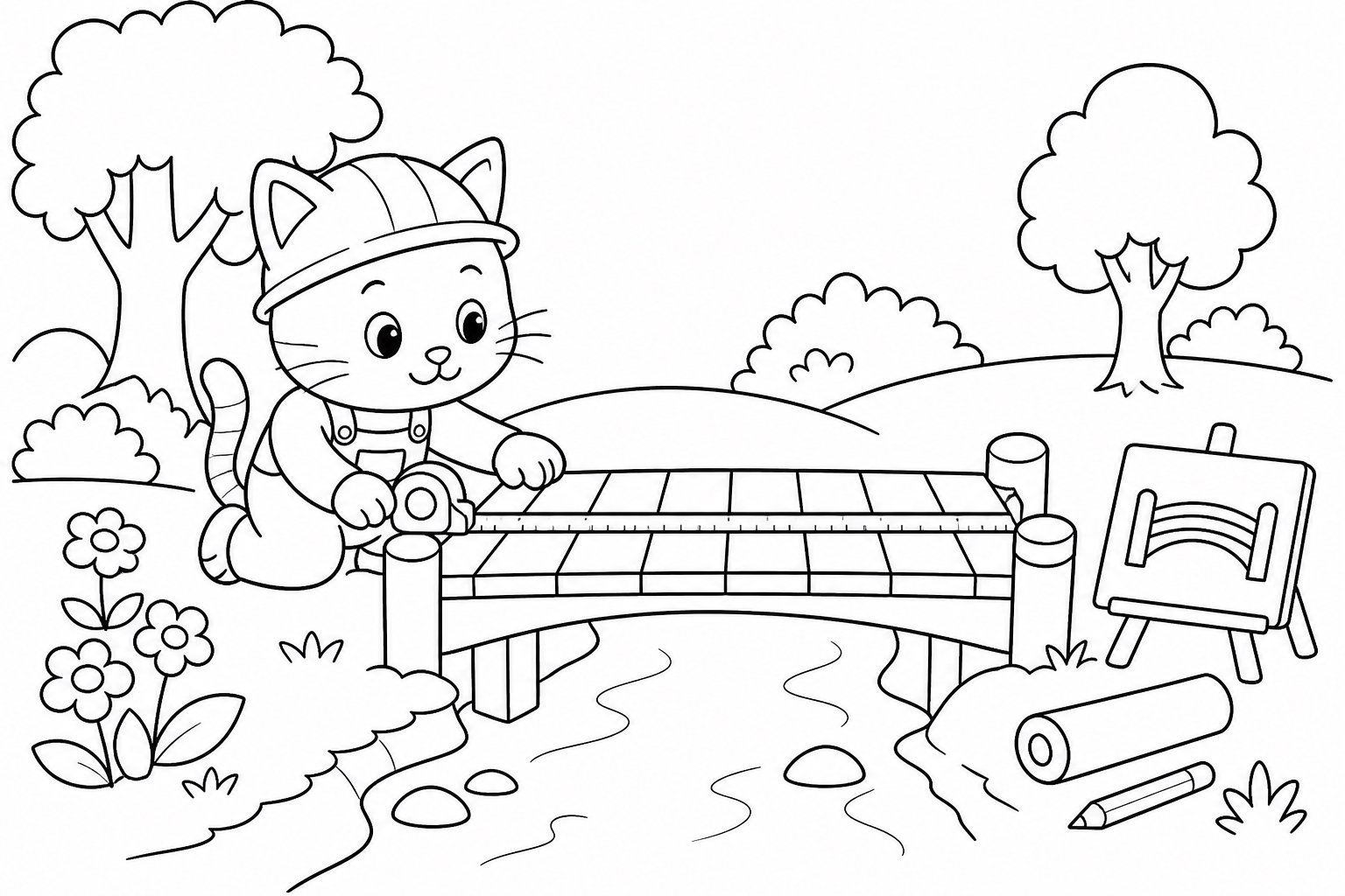 Kätzchen misst die Länge einer Holzbrücke