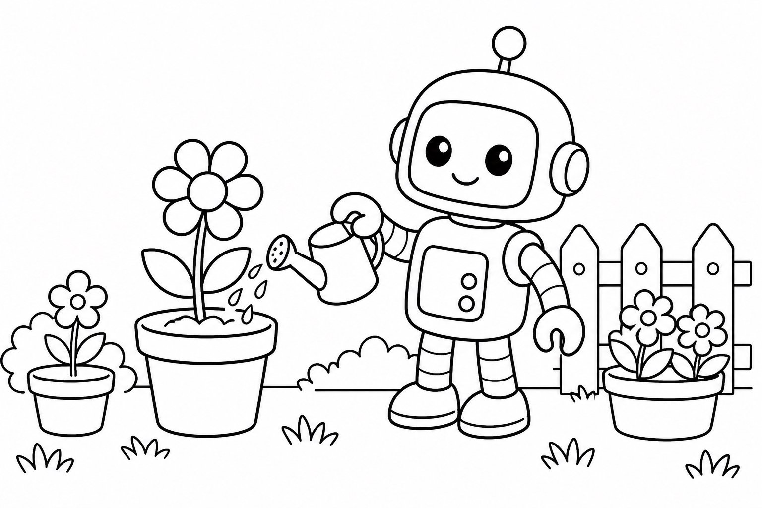Pequeño robot regando flores