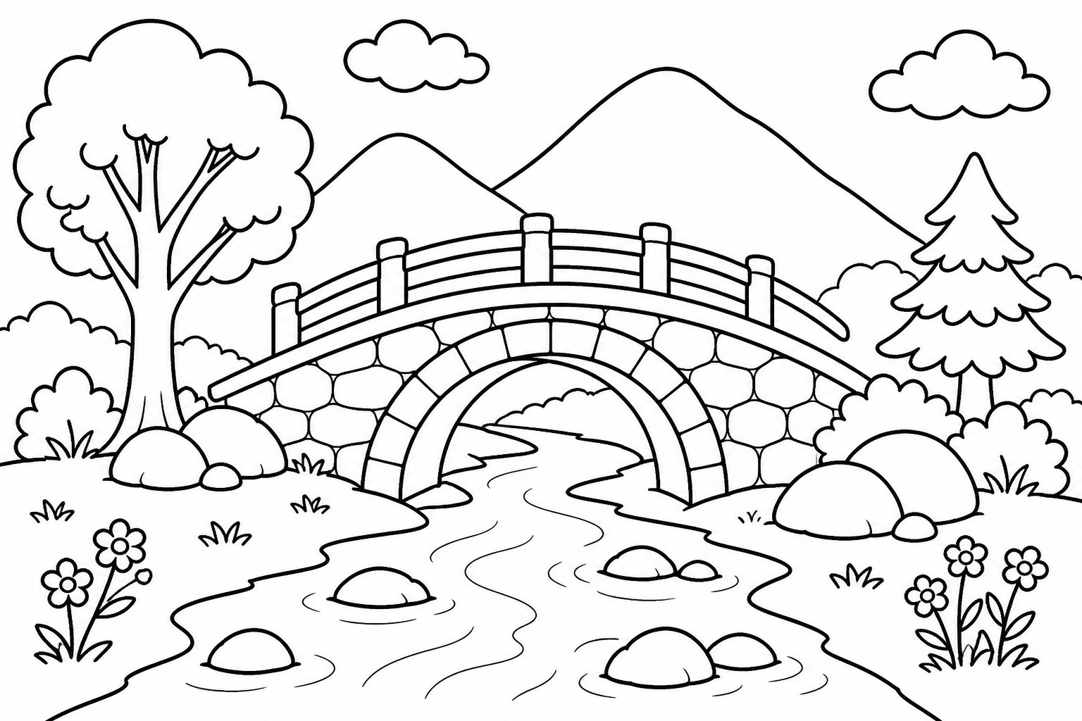 Bach fließt durch eine Steinbogenbrücke