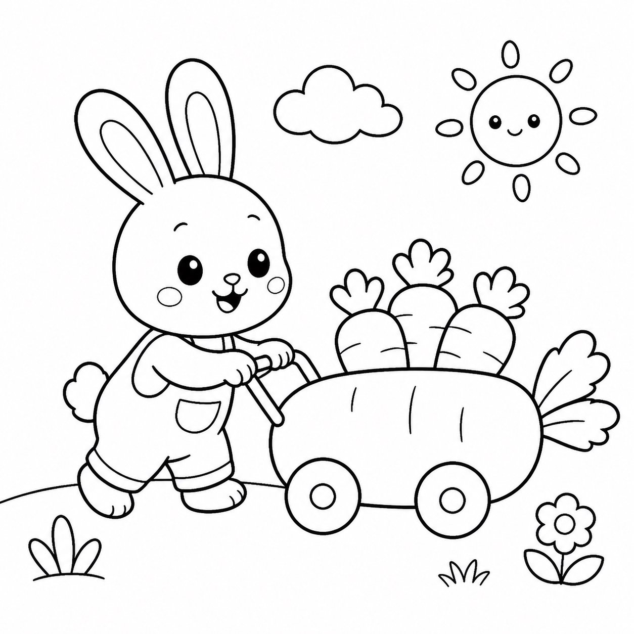 小さなウサギがニンジンの荷車を押す