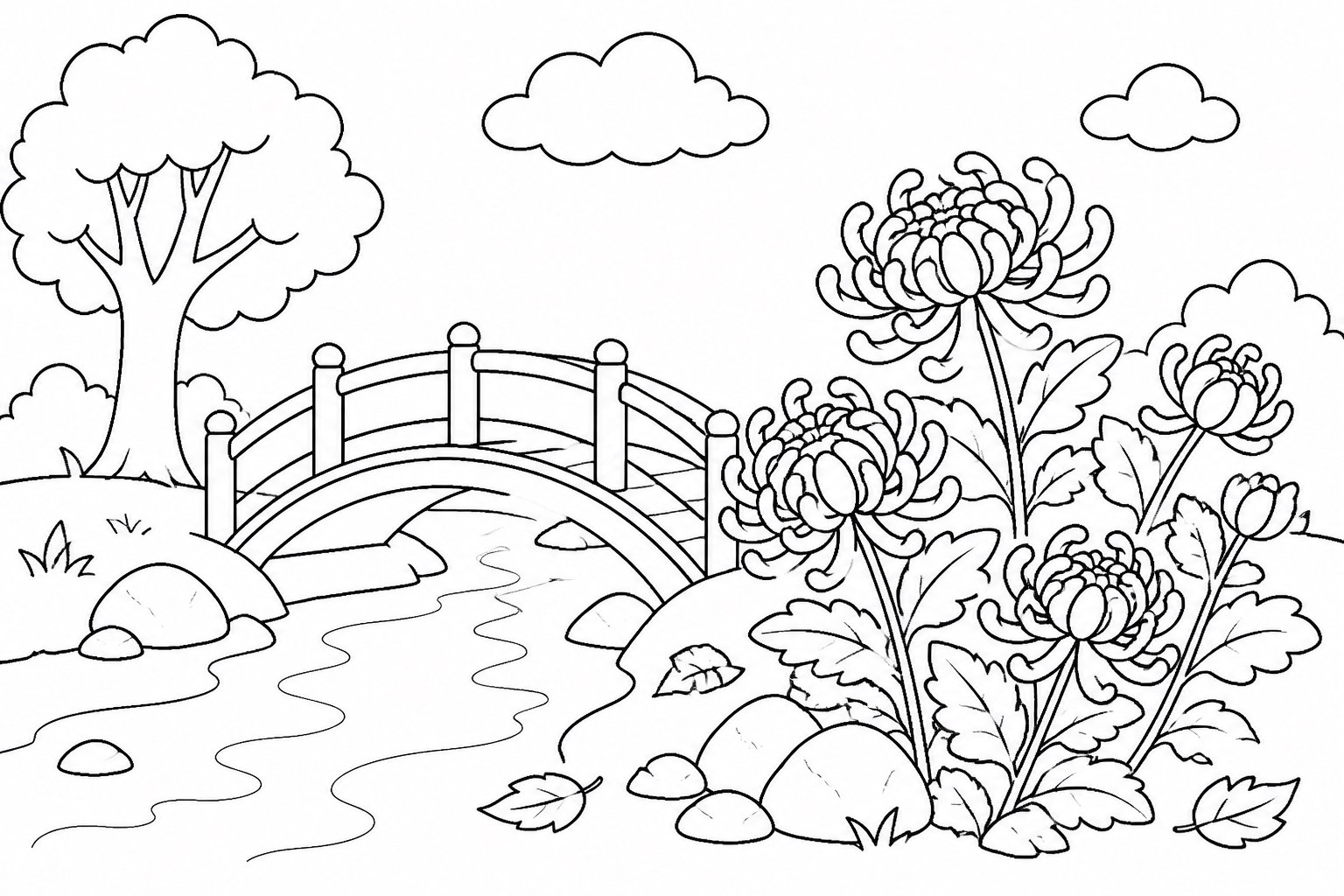 Chrysanthèmes d’automne près d’un pont forestier en bois