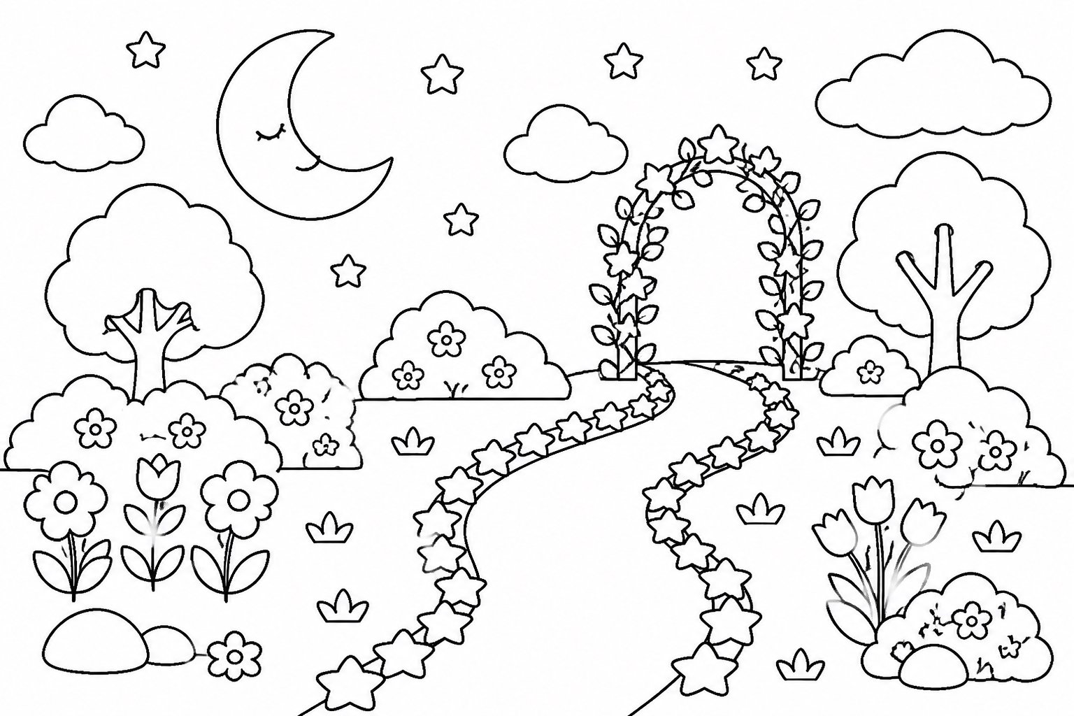 星形の花に囲まれた小道