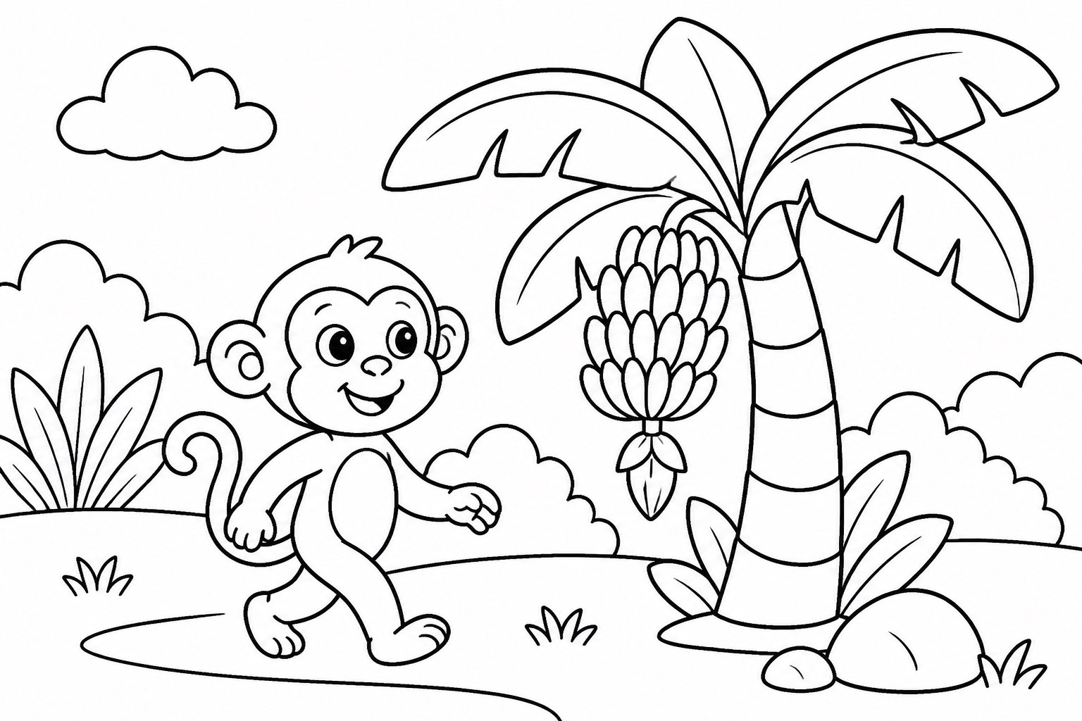 Affe geht an einem Bananenbaum vorbei
