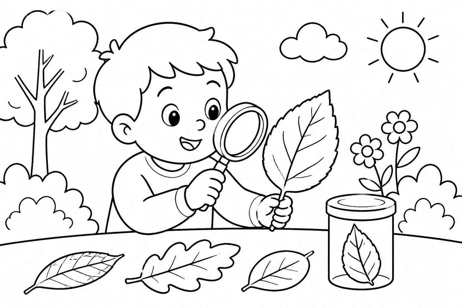 Enfant observant les nervures d’une feuille
