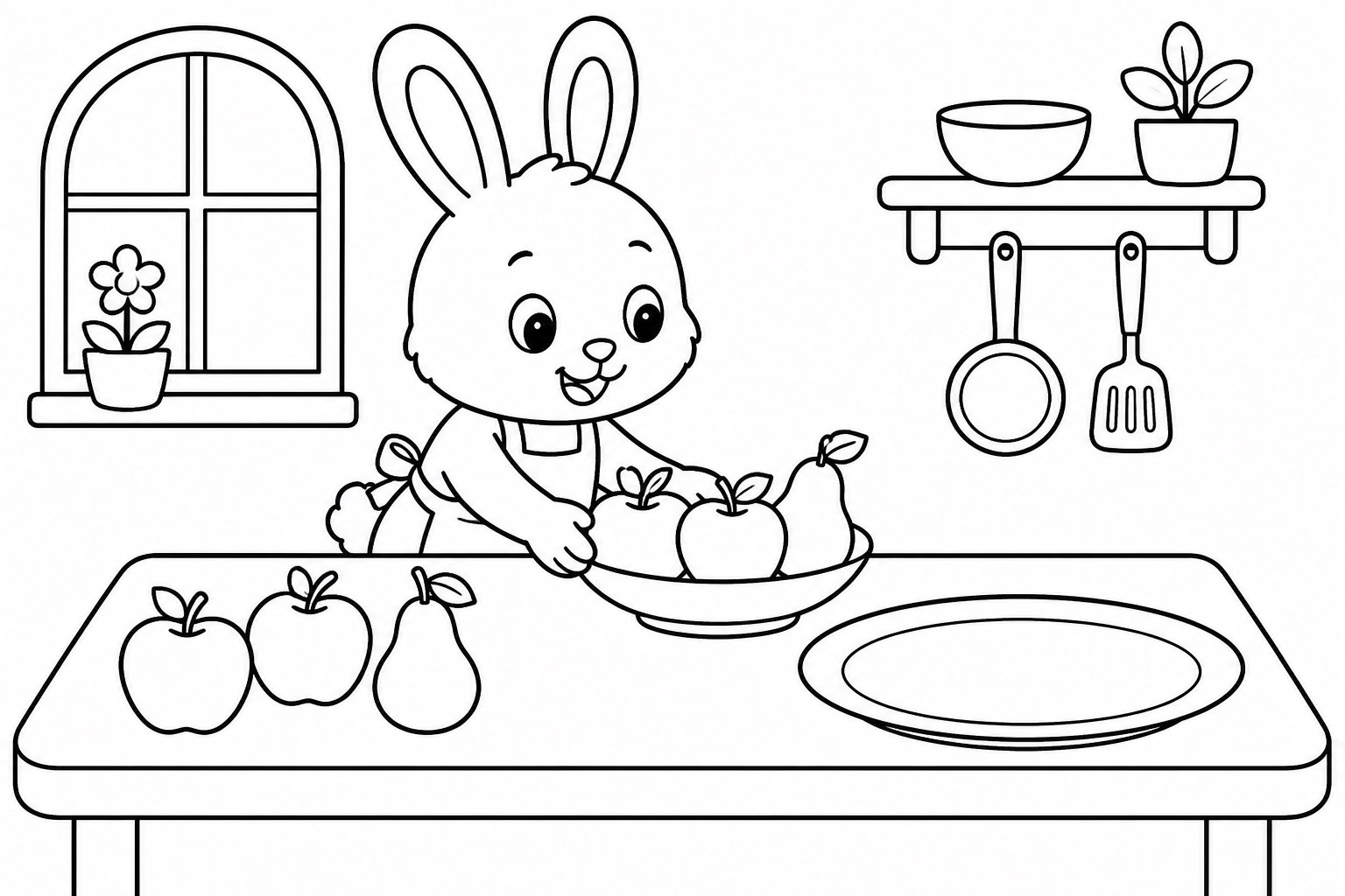 O coelhinho organiza um prato de frutas