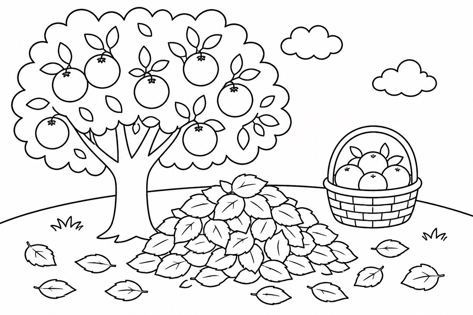 Haufen Herbstlaub unter dem Orangenbaum