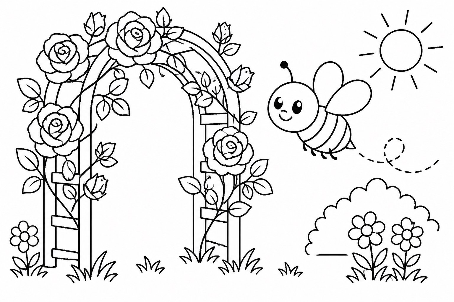 Pequeña abeja junto a un enrejado de rosas