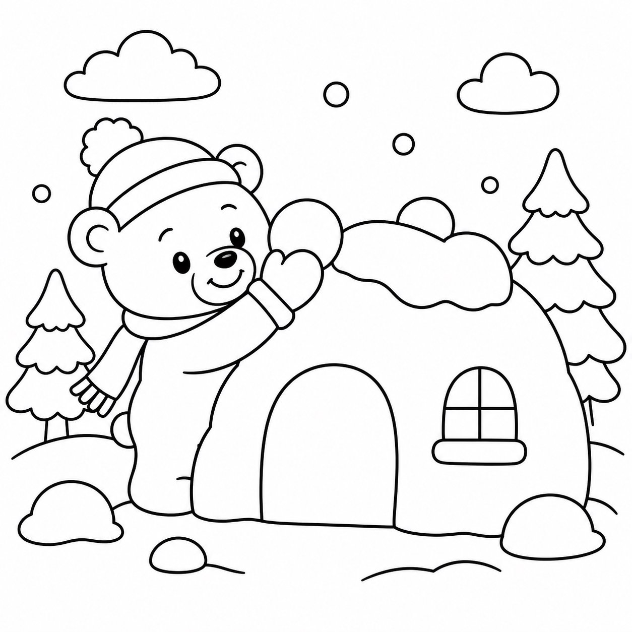 Petit ours construisant une maison de neige