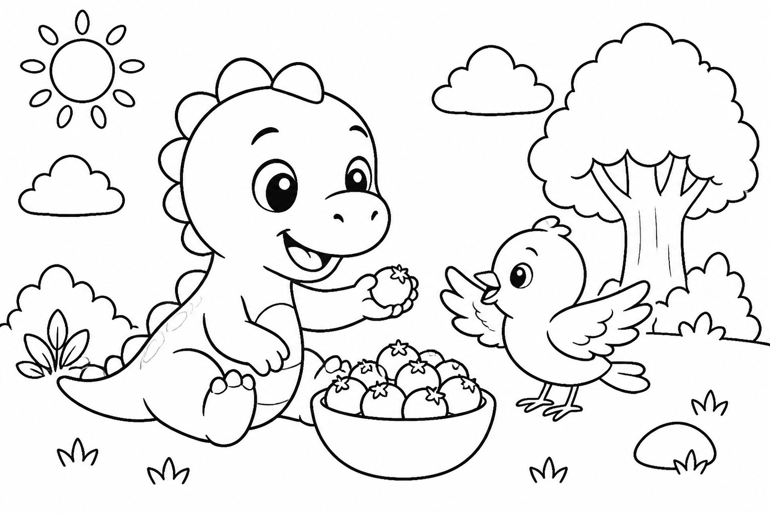 Filhote de dinossauro compartilhando frutas silvestres com um passarinho