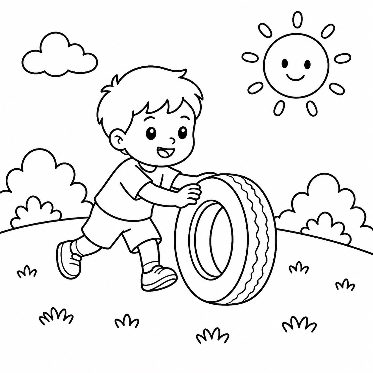 Niños haciendo rodar un neumático por una ladera cubierta de hierba