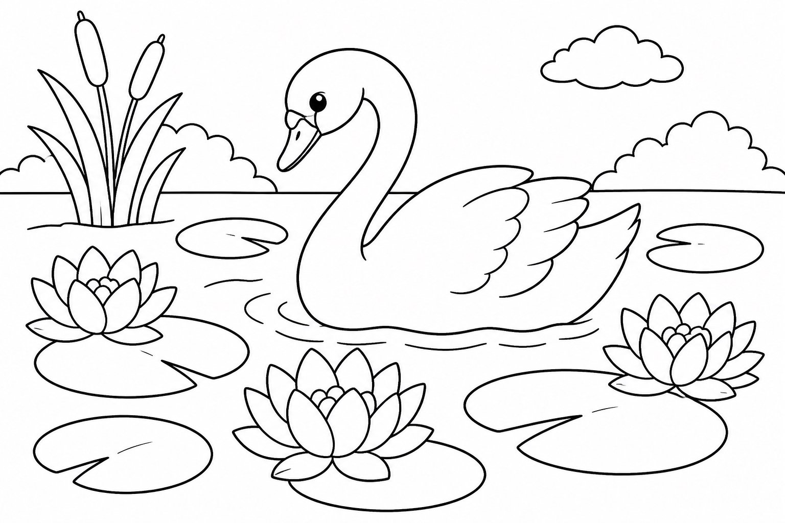 Schwan neben Seerosenblättern