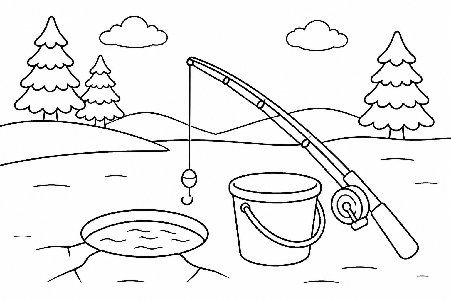 Seau de pêche près du lac gelé