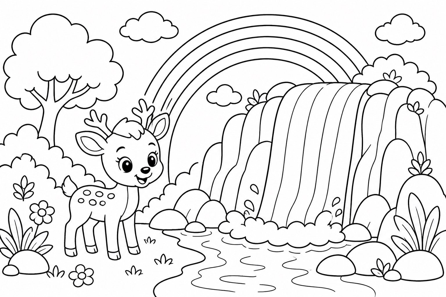 Le petit faon près de la cascade arc-en-ciel