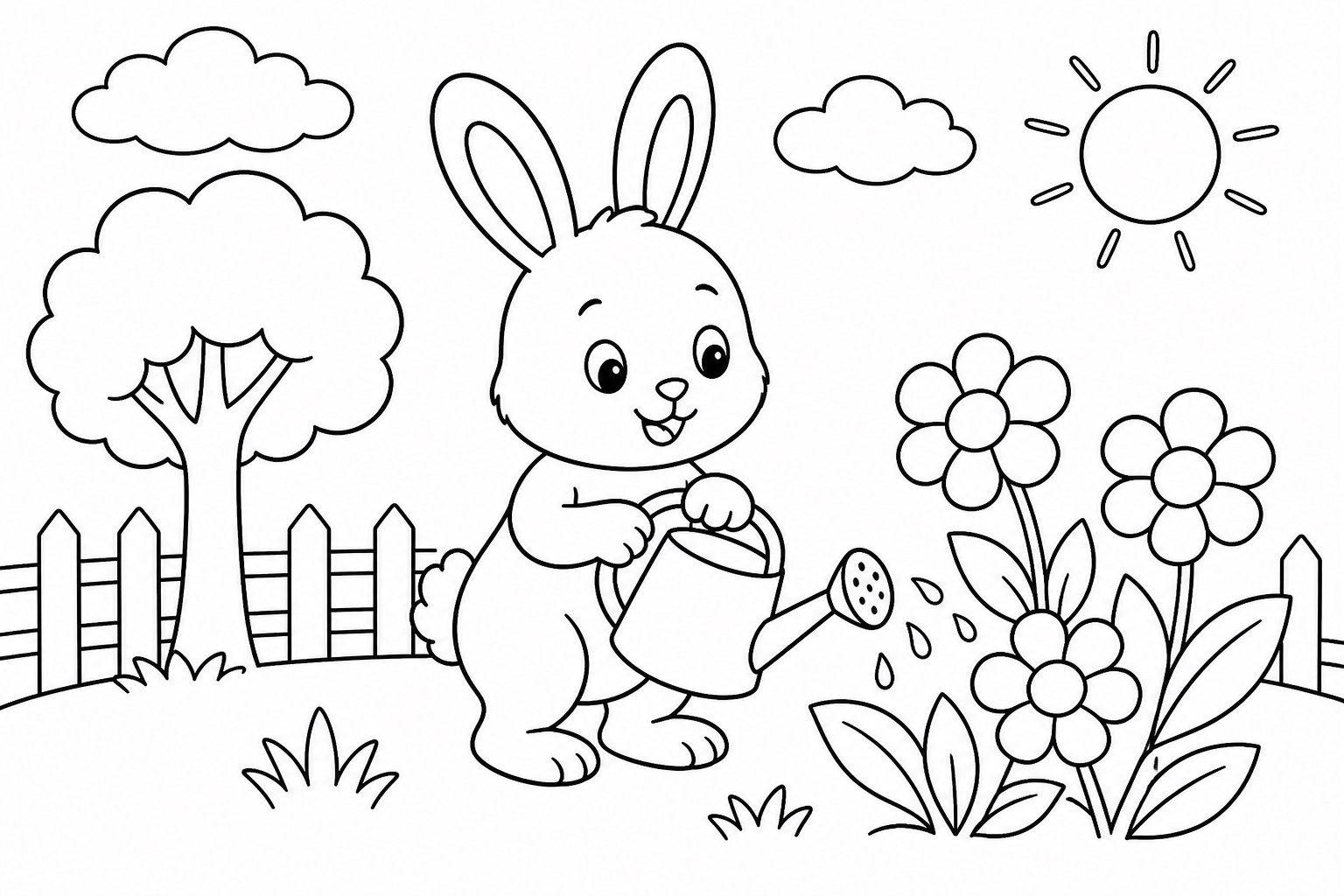Dibujo para colorear de un conejito regando flores