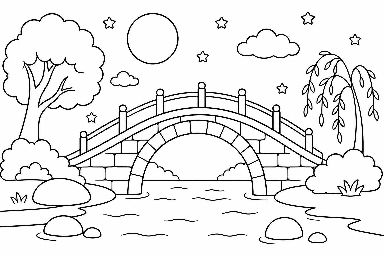 Puente de piedra en arco a la luz de la luna