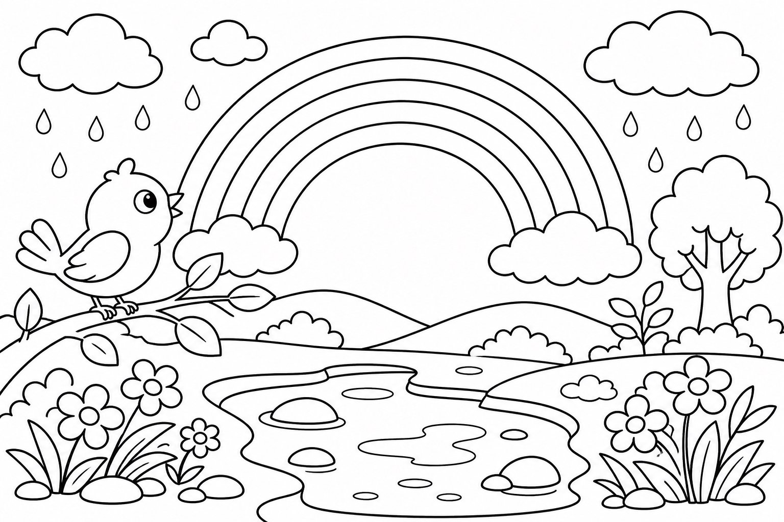 雨上がりに小鳥が虹を見る