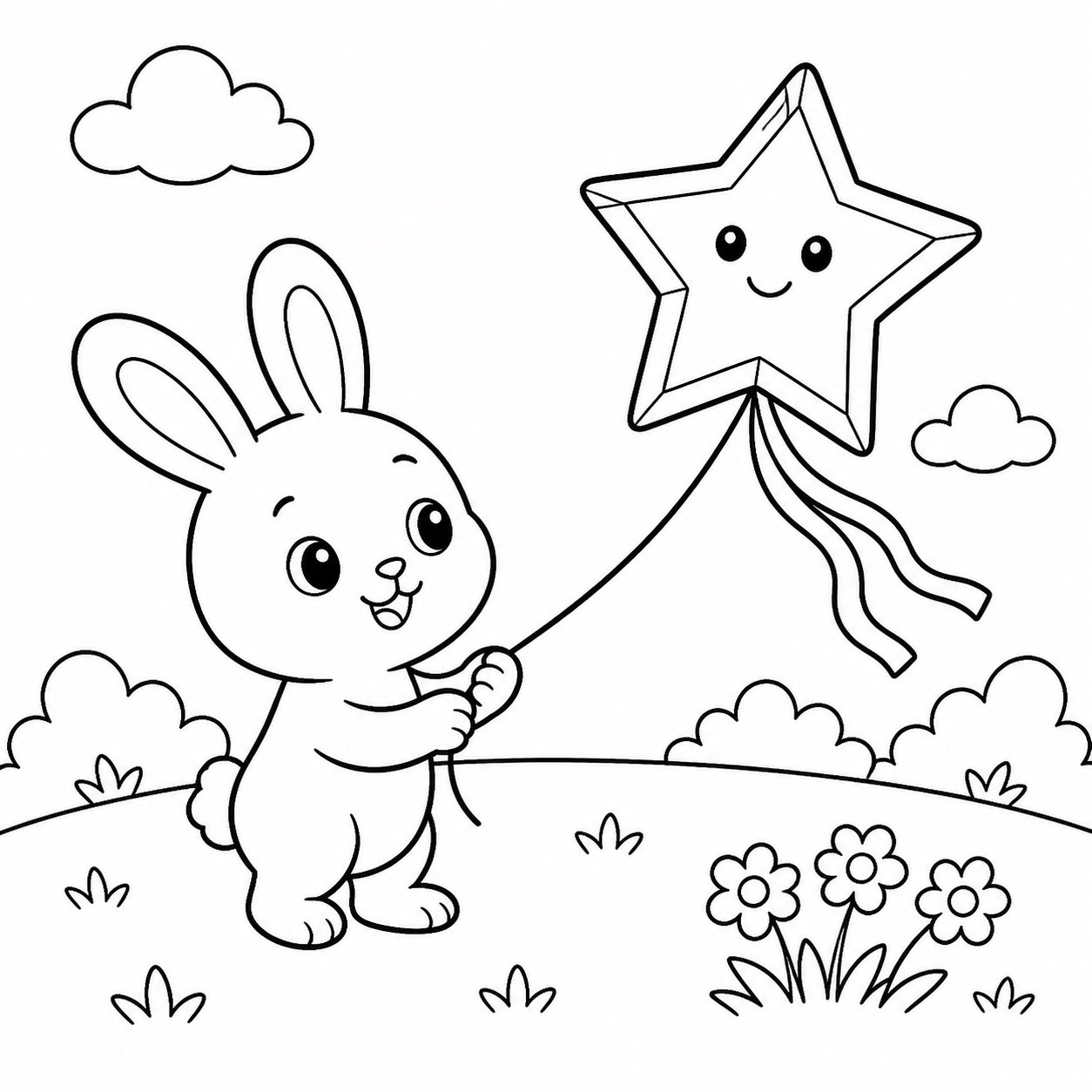 星形の凧を揚げる小さなウサギ