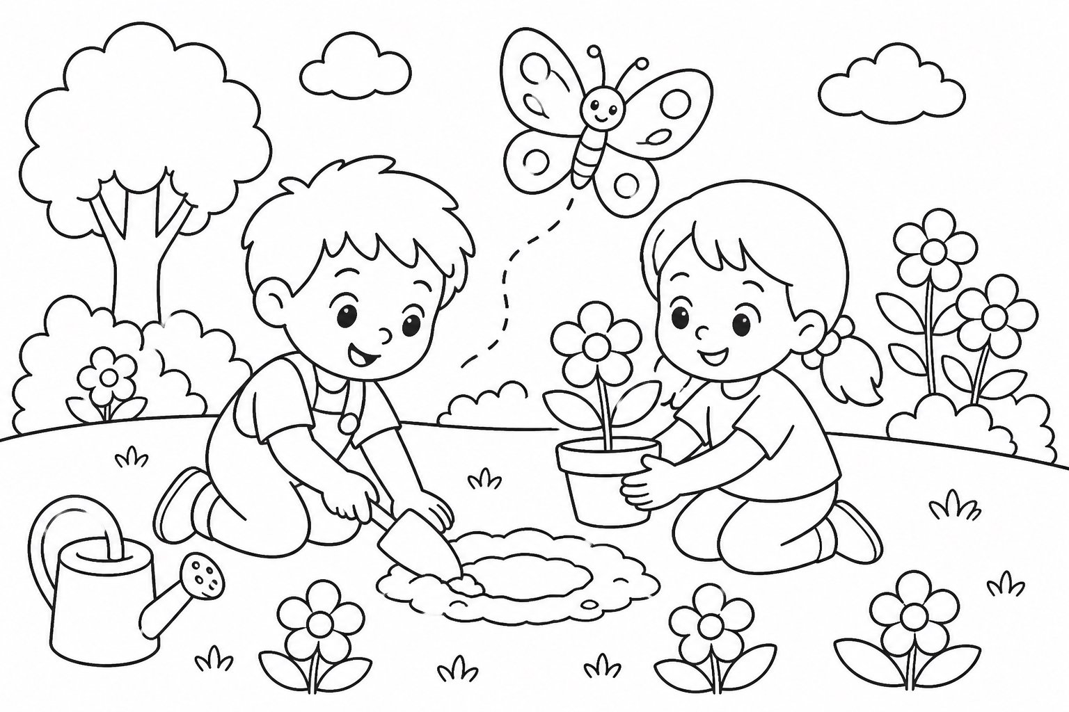 Enfants plantant des fleurs pour les papillons
