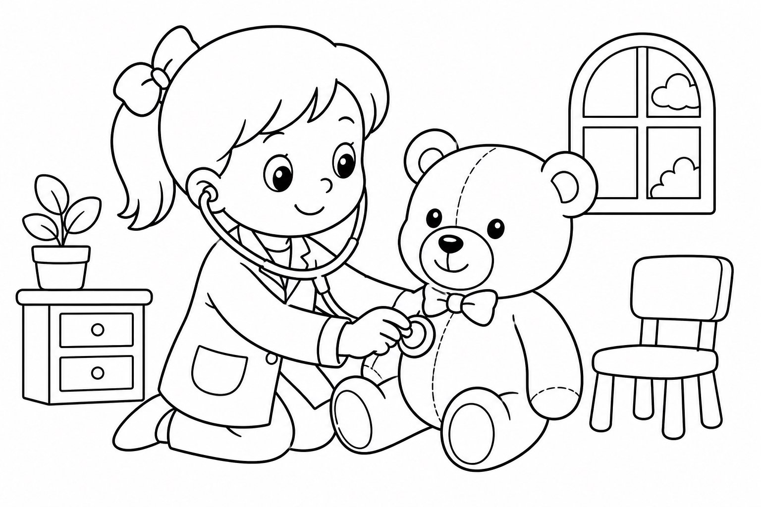 Pequeño médico escuchando el latido de una muñeca