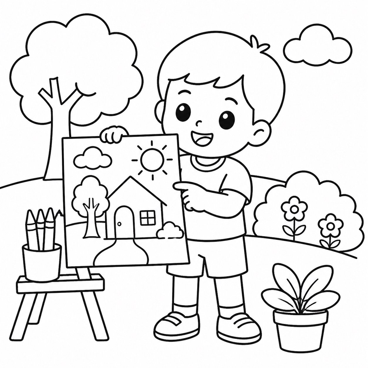 Criança mostrando um desenho de contorno