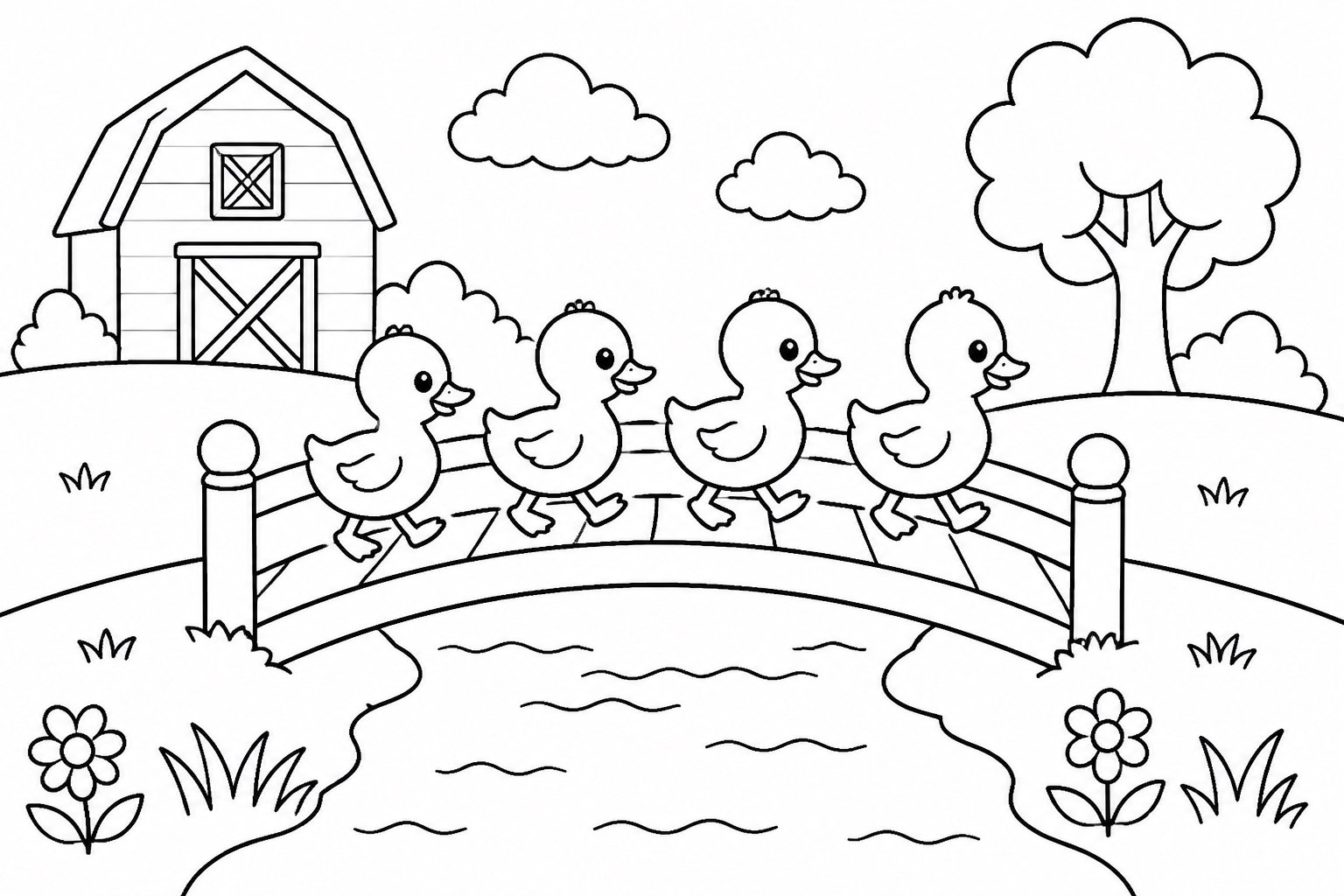 Canetons faisant la queue pour traverser le petit pont