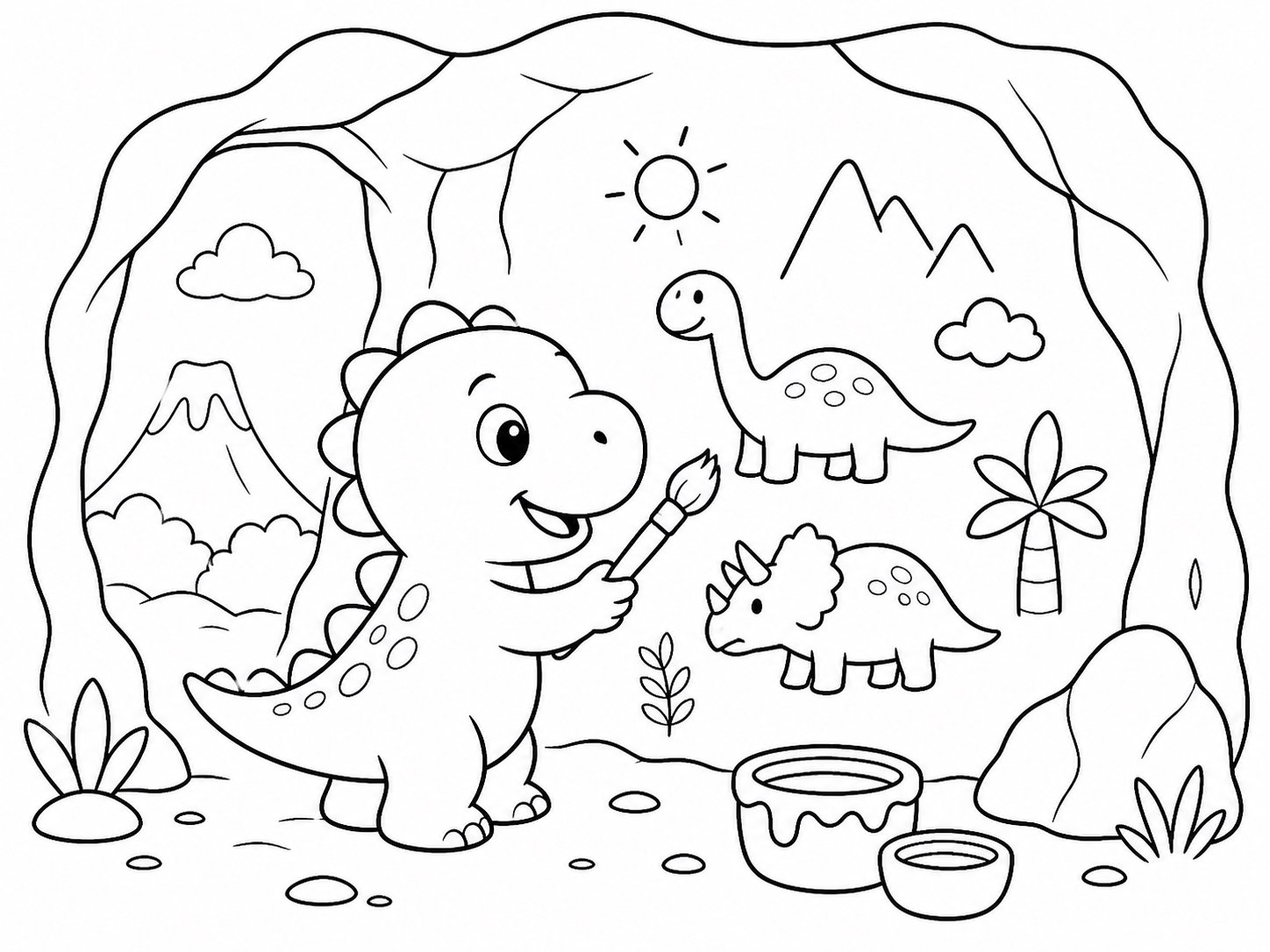 Bébé dinosaure peignant une fresque dans une grotte