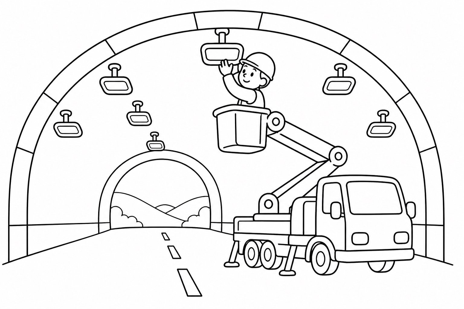 Véhicule de tunnel installant des lumières