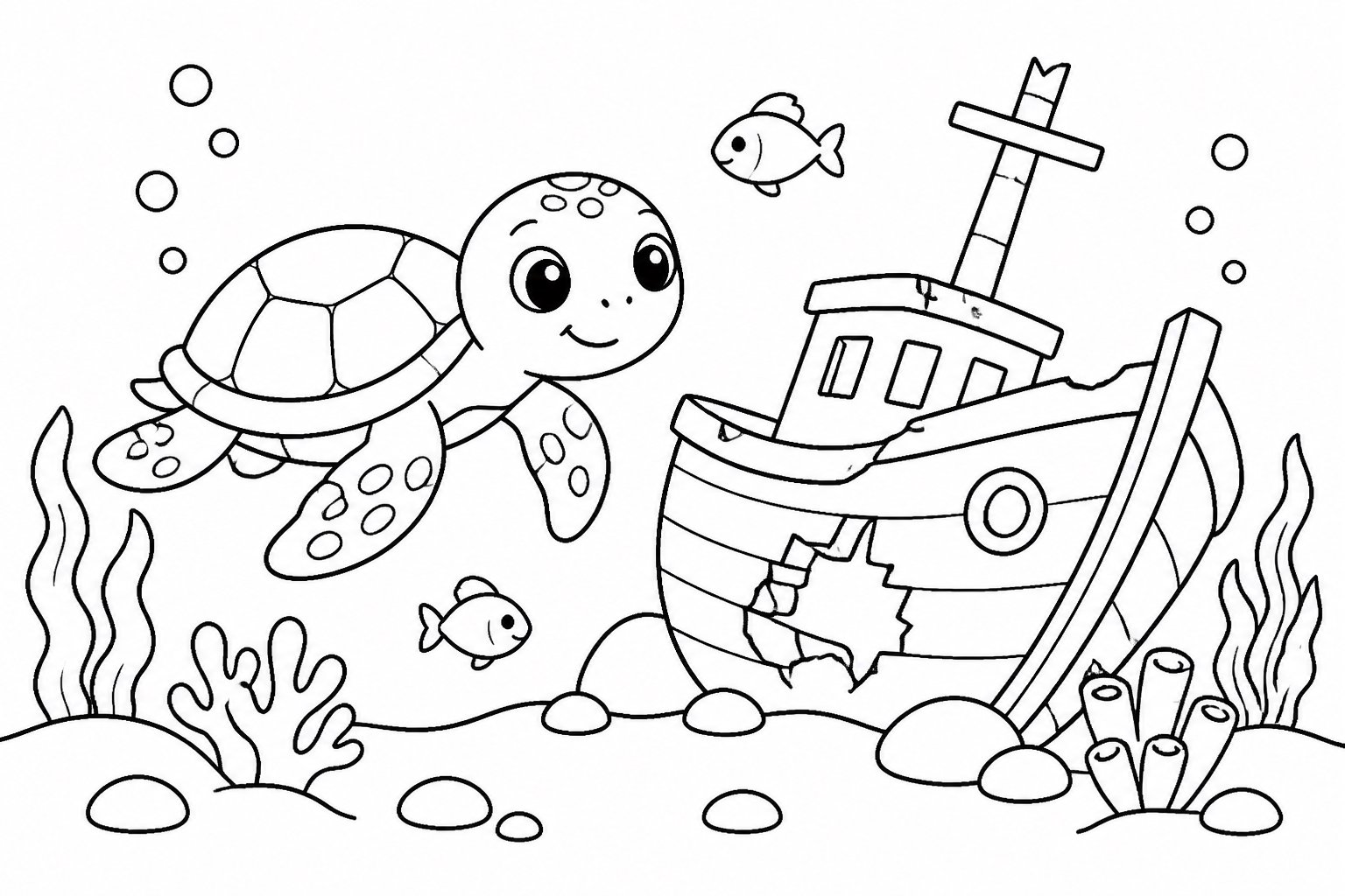 Tortuga marina pasando junto a un naufragio