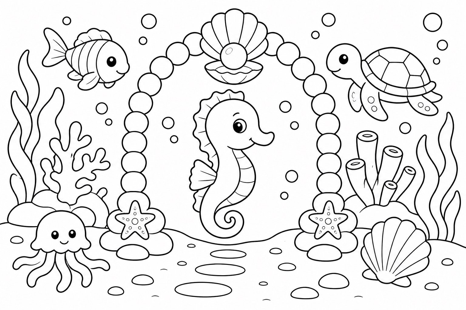 Seepferdchen schwimmt durch einen Perlenbogen