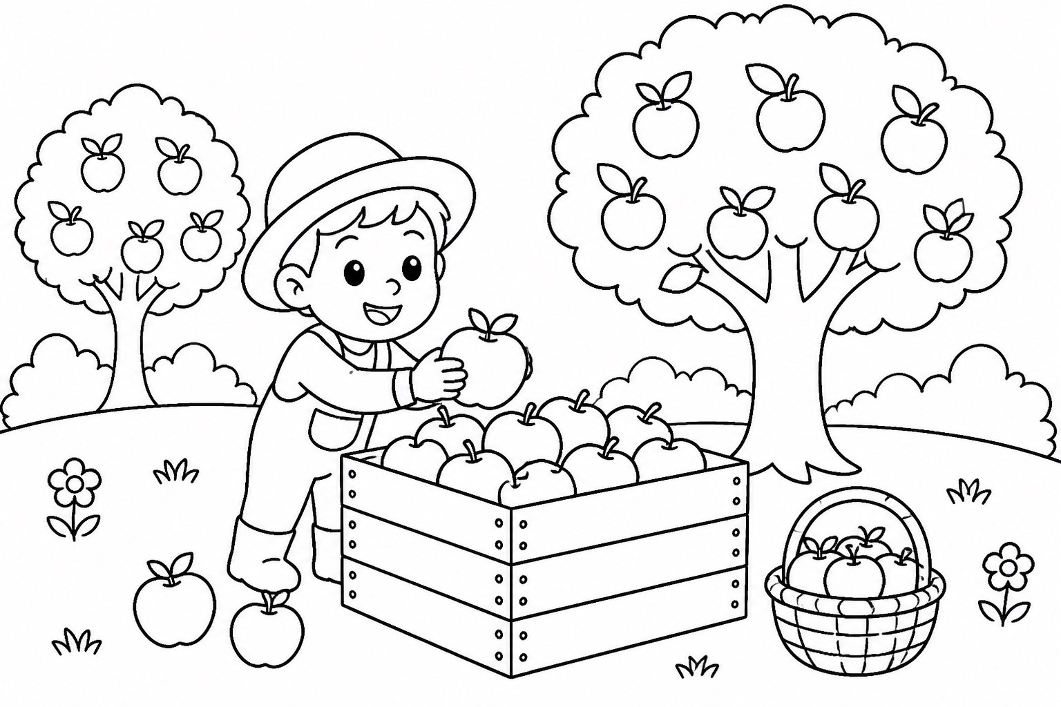 Cajas de manzanas en el huerto