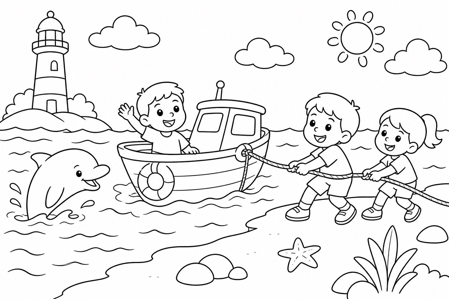 Niños ayudan a una barquita a llegar a la orilla