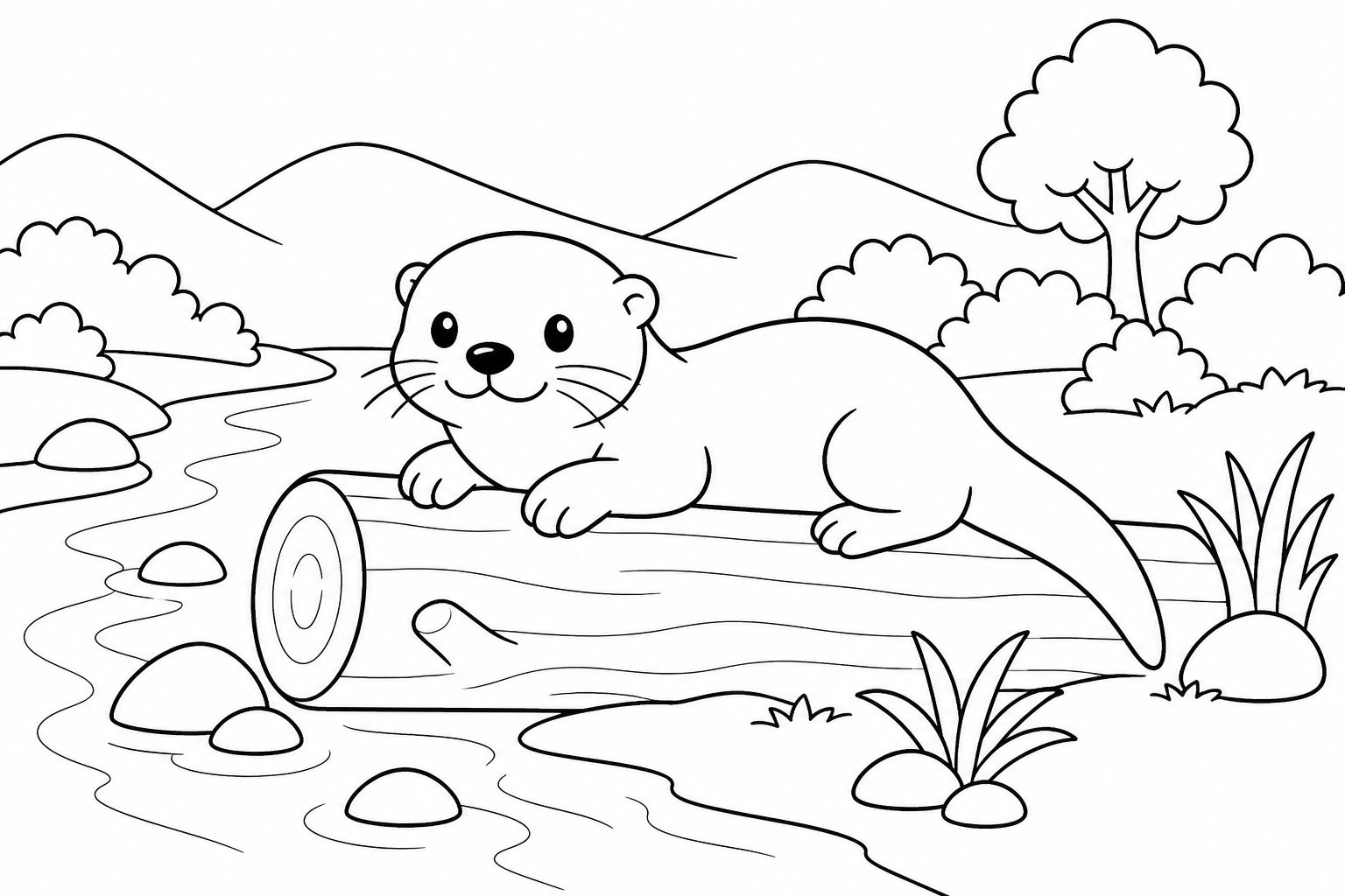 Loutre allongée sur un tronc au bord du ruisseau