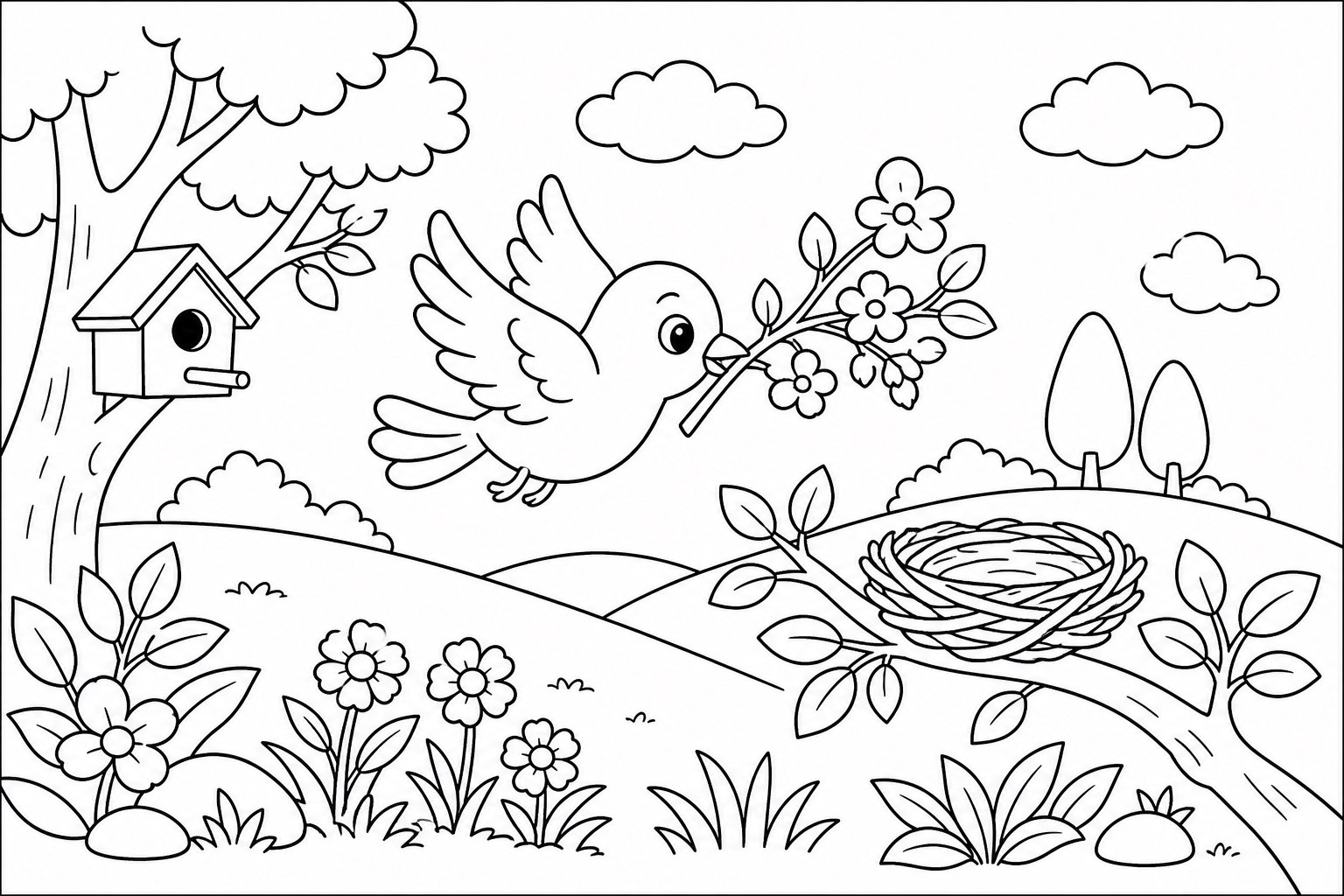 Petit oiseau de la prairie apportant une branche fleurie