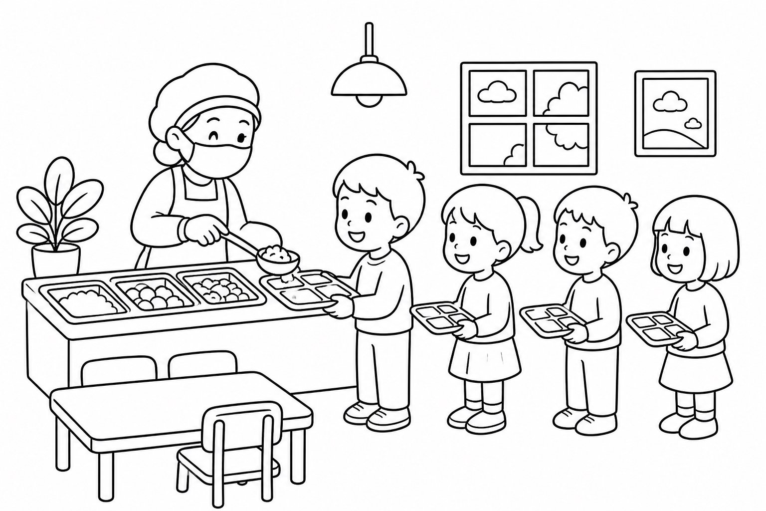 Fazendo fila para comer no refeitório da escola