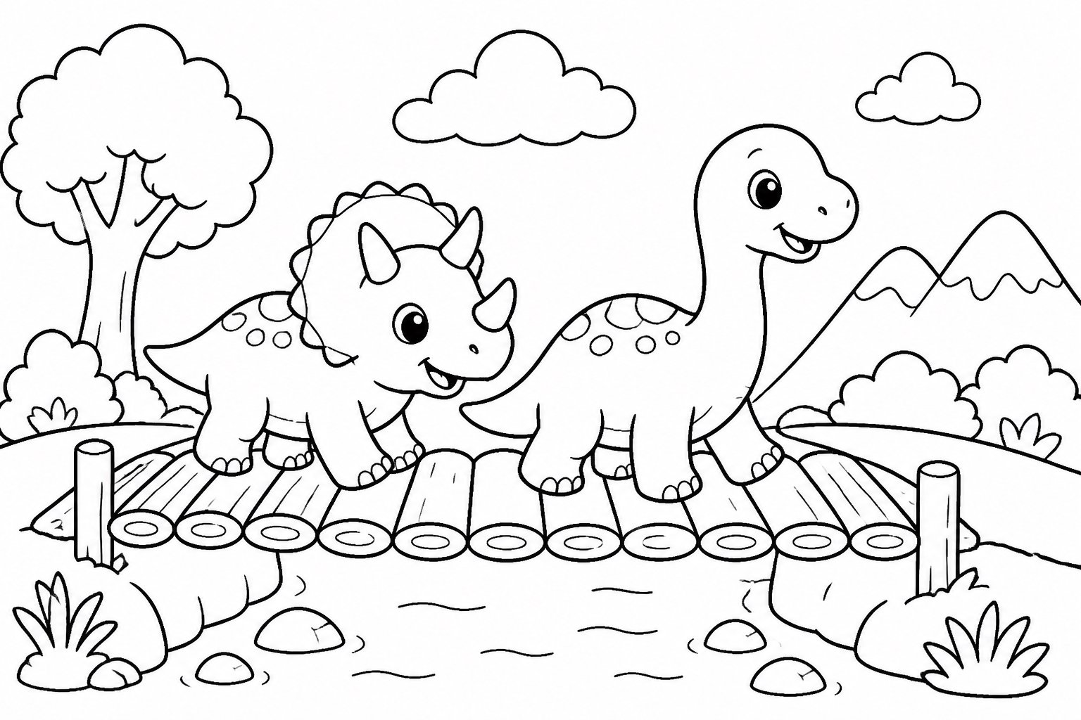 Filhote de dinossauro atravessando uma ponte de madeira