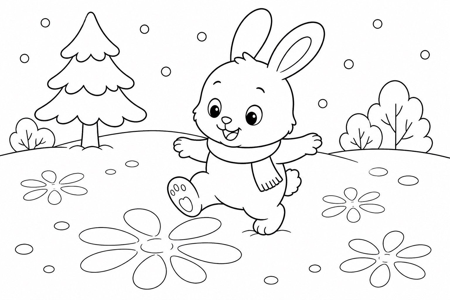 Petit lapin dessinant des fleurs dans la neige